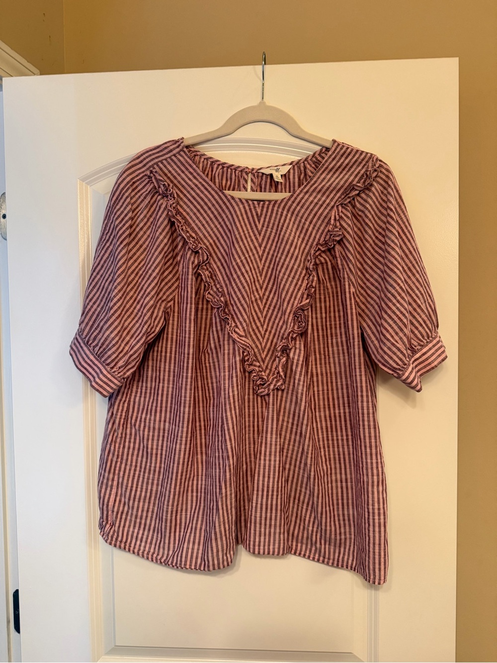 Terra & Sky Pink and White Striped Ruffle V-Yoke Blouse